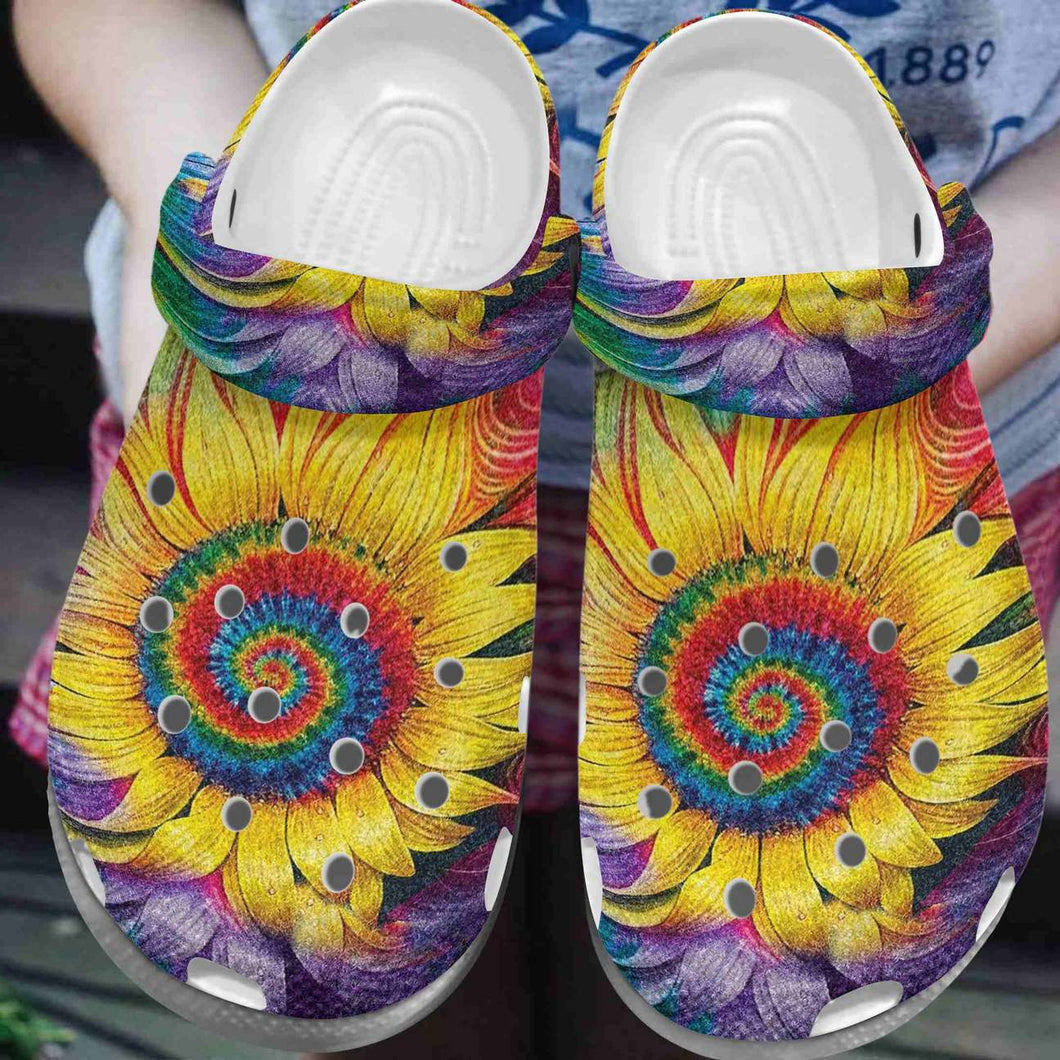 Clog Hippie Personalize Clog, Custom Name, Text, Fashion Style For Women, Men, Kid, Print 3D Whitesole Sunflower Tie Dye - Love Mine Gifts