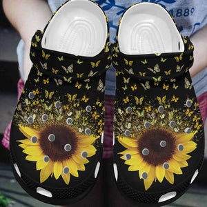 Clog Sunflower Personalize Clog, Custom Name, Text, Fashion Style For Women, Men, Kid, Print 3D Butterfly With Sunflower - Love Mine Gifts