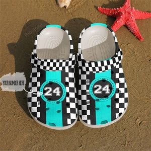 Racing Checkered Flag Cyan, Personalize Clog, Custom Name Text, Number On Sandal Fashion Style For Women, Men, Kid