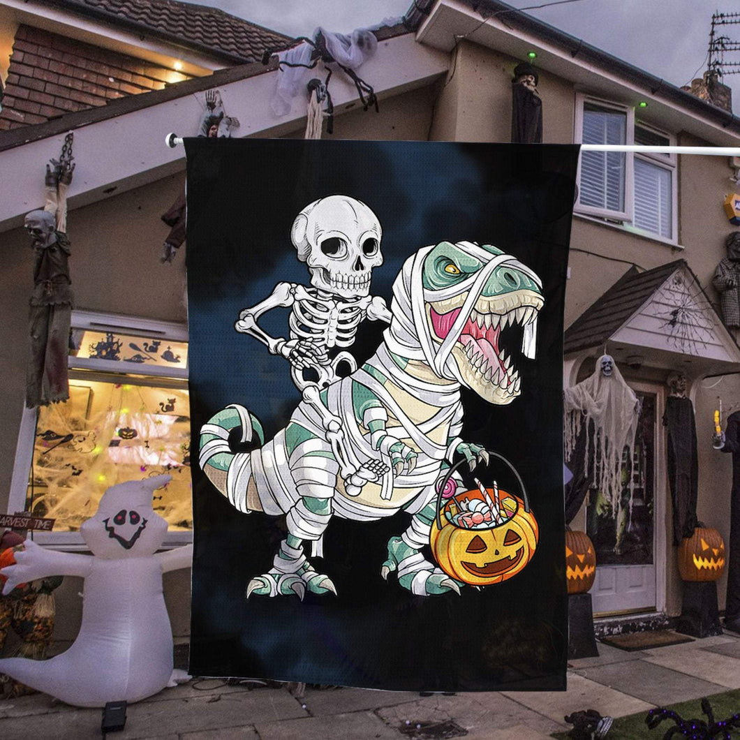 Skeleton Riding Mummy Dinosaur T-rex | Halloween Yard Decor | Garden Flag | House Flag | Outdoor Decor