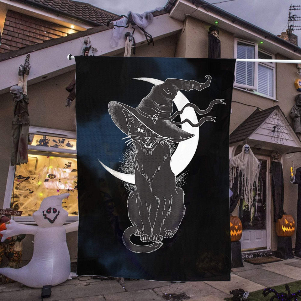 Vintage Scary Halloween Black Cat Costume Witch Hat Moon | Halloween Yard Decor | Garden Flag | House Flag | Outdoor Decor