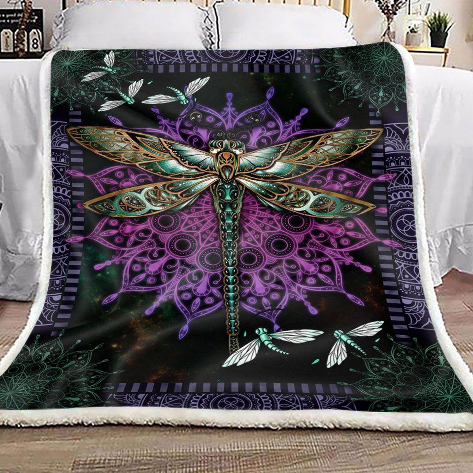 Fleece Blanket Purple Mandala Dragonfly Fleece Blanket Print 3D, Unisex, Kid, Adult - Love Mine Gifts