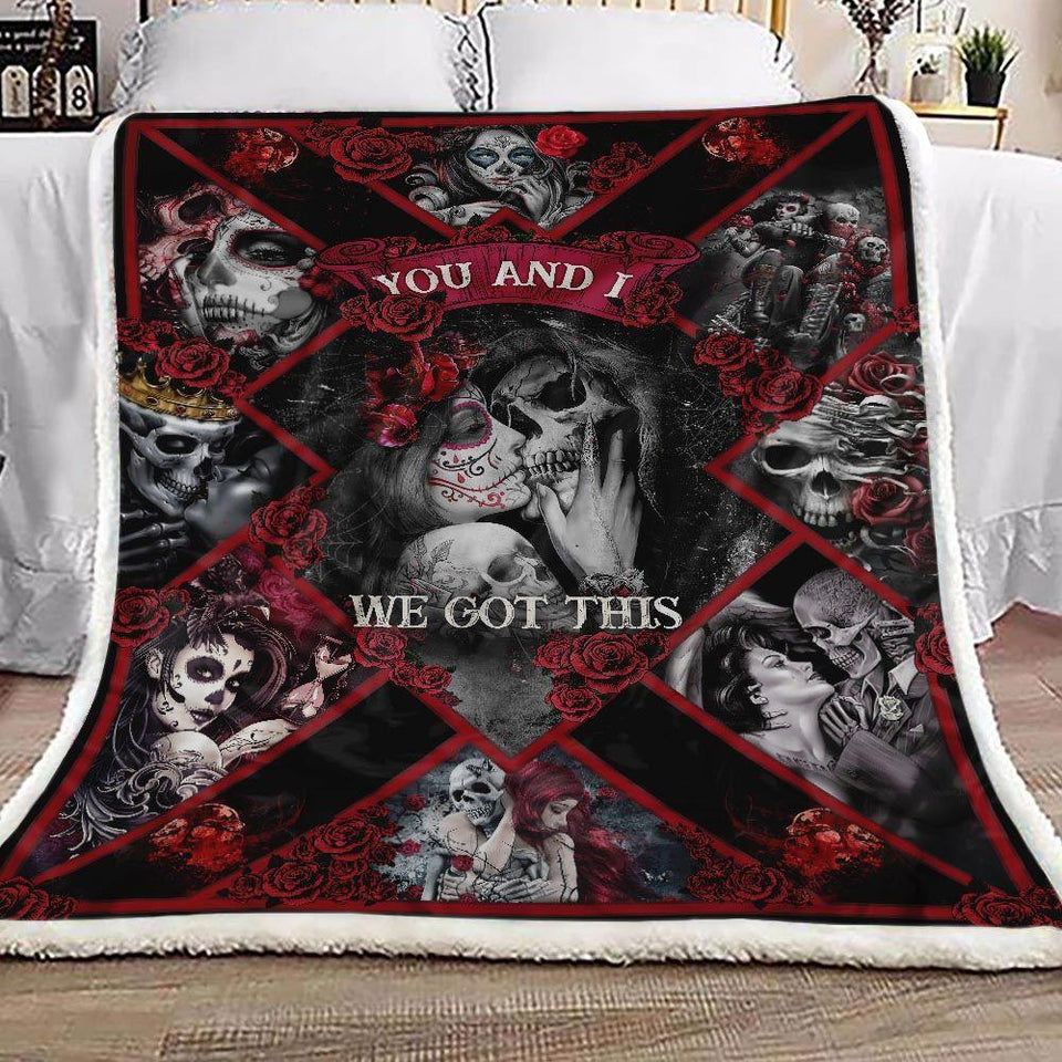 Fleece Blanket Skull Roses Couple Fleece Blanket Print 3D, Unisex, Kid, Adult - Love Mine Gifts