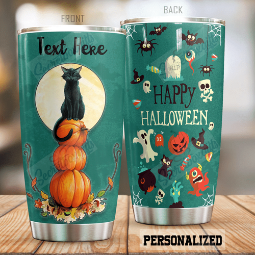 Tumbler Halloween Cat Personalized Dtc191020Tt Stainless Steel Tumbler Customize Name, Text, Number - Love Mine Gifts