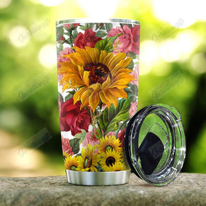 Tumbler Sunflower Rose Hn0701029P Personalized Stainless Steel Tumbler Customize Name, Text, Number - Love Mine Gifts