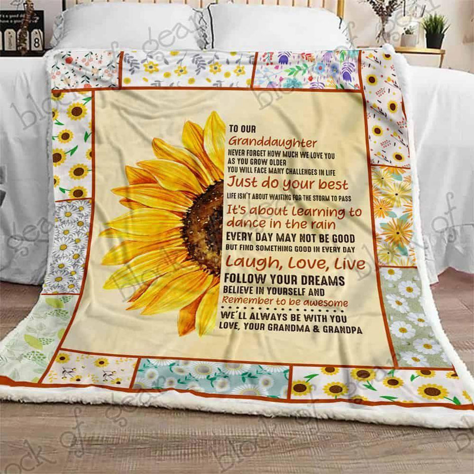 Granddaughter Sunflower Fleece Blanket Our Sunshine, From Grandma Grandpa - Gift For Granddaughter | Family Blanket