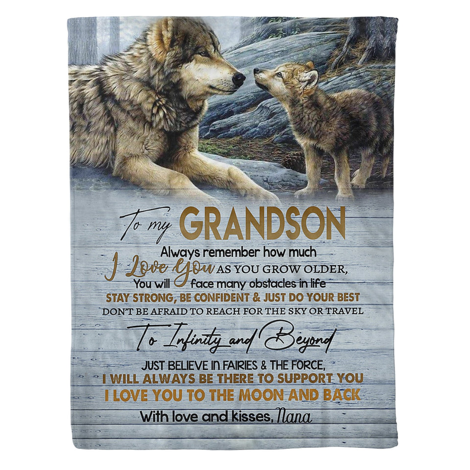 To my Grandson Wolf From Nana Fleece Blanket Birthday Gift, Christmas Gift For Grandson | Family Blanket