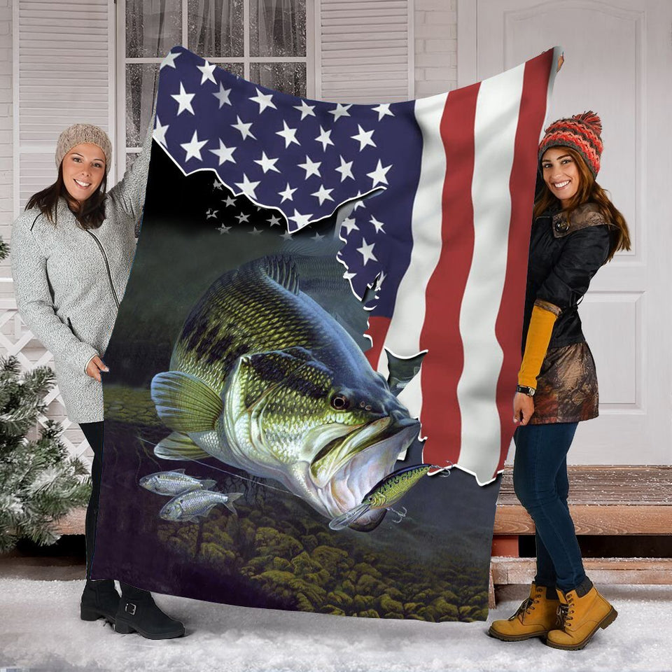 Fleece Blanket Bass Fishing 3d Flying American Flag Patriot Personalized Custom Name Date Fleece Blanket Print 3D, Unisex, Kid, Adult - Fishing Gift - Love Mine Gifts