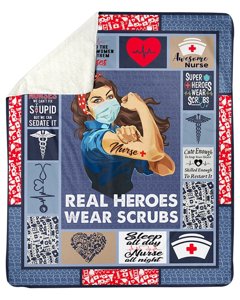 Nurse Blanket Real Heroes Wear Scrubs Fleece Blanket