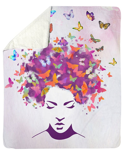 Fleece Blanket Women Natural Hair Art - Butterfly Colorful Style Personalized Custom Name Date Sherpa Fleece Blanket Print 3D, Unisex, Kid, Adult - Love Mine Gifts
