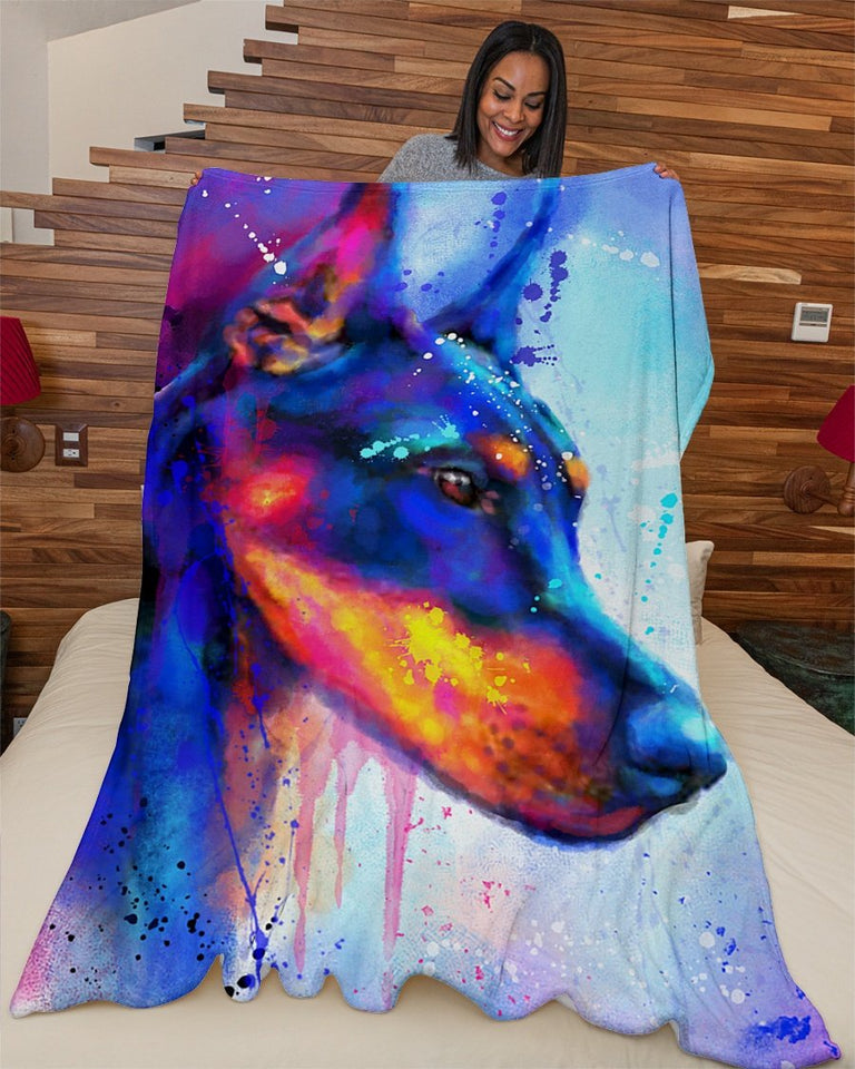 Fleece Blanket Dog Personalized Custom Name Date Fleece Blanket Print 3D, Unisex, Kid, Adult - Doberman Water Color - Love Mine Gifts