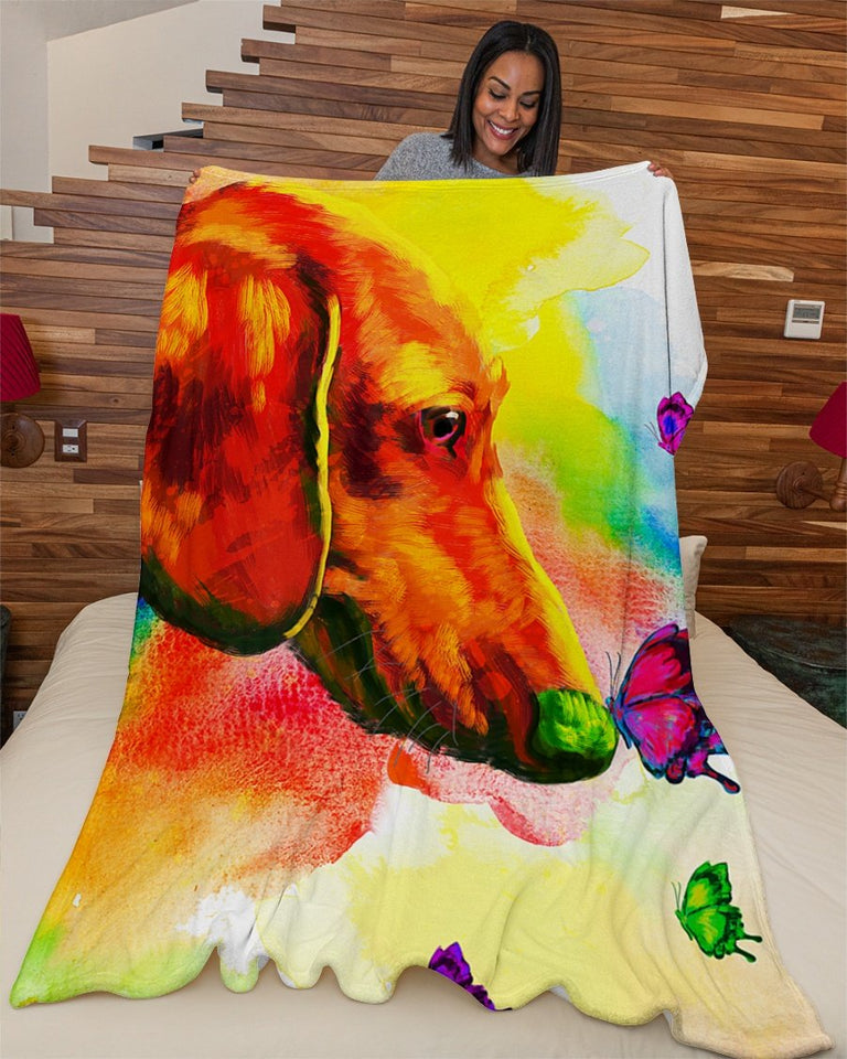 Fleece Blanket Dog Personalized Custom Name Date Fleece Blanket Print 3D, Unisex, Kid, Adult - Dachshund Watercolor - Love Mine Gifts