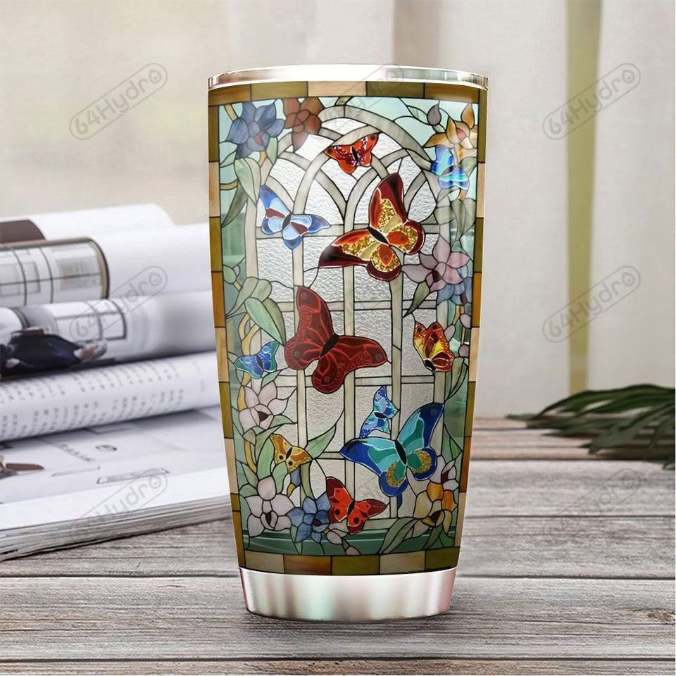 Tumbler Butterfly Stained Glass Personalized Htq1212007 Stainless Steel Tumbler Travel Customize Name, Text, Number, Image - Love Mine Gifts