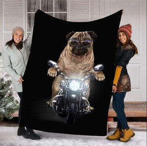 Fleece Blanket Grumpy Pug In Riding Motorcycle Dog Lovers Gift Personalized Custom Name Date Fleece Blanket Print 3D, Unisex, Kid, Adult - Love Mine Gifts