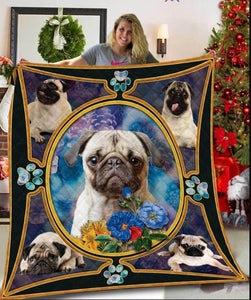 Cute Pug Dog Flower Dog Lovers Gift Fleece Blanket