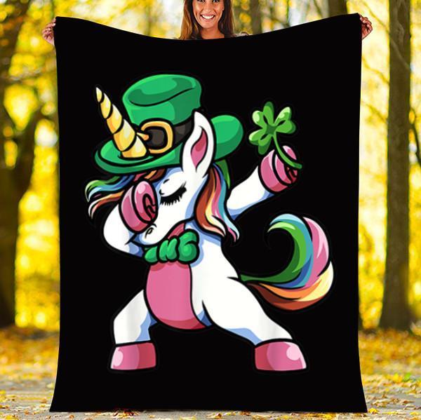 Fleece Blanket St Patrick's Day Dabbing Unicorn Irish Shamrock Gift Personalized Custom Name Date Fleece Blanket Print 3D, Unisex, Kid, Adult - Love Mine Gifts