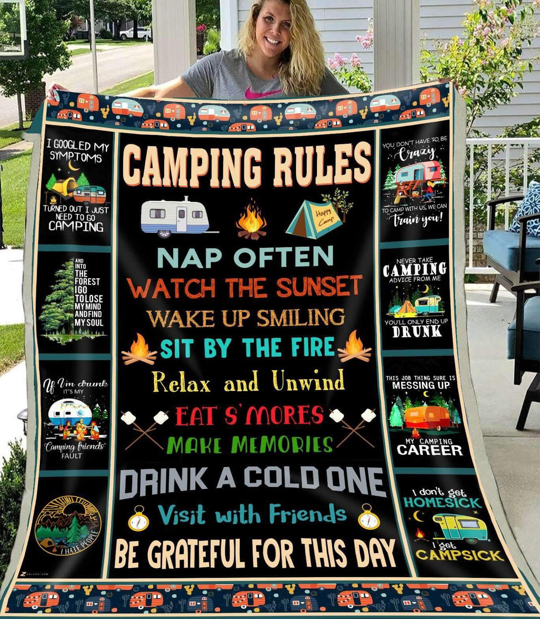 Fleece Blanket Camping Rules Nap Watch The Sunset Wake Up Smiling Fleece Blanket Print 3D, Unisex, Kid, Adult - Love Mine Gifts