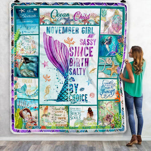 Fleece Blanket November Girl Mermaid Ocean Fleece Blanket Print 3D, Unisex, Kid, Adult - Love Mine Gifts