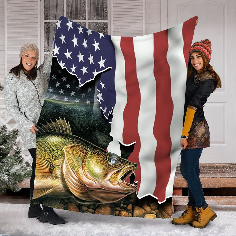 Fleece Blanket Walleye Fishing American Flag Gift Fleece Blanket Print 3D, Unisex, Kid, Adult - Love Mine Gifts
