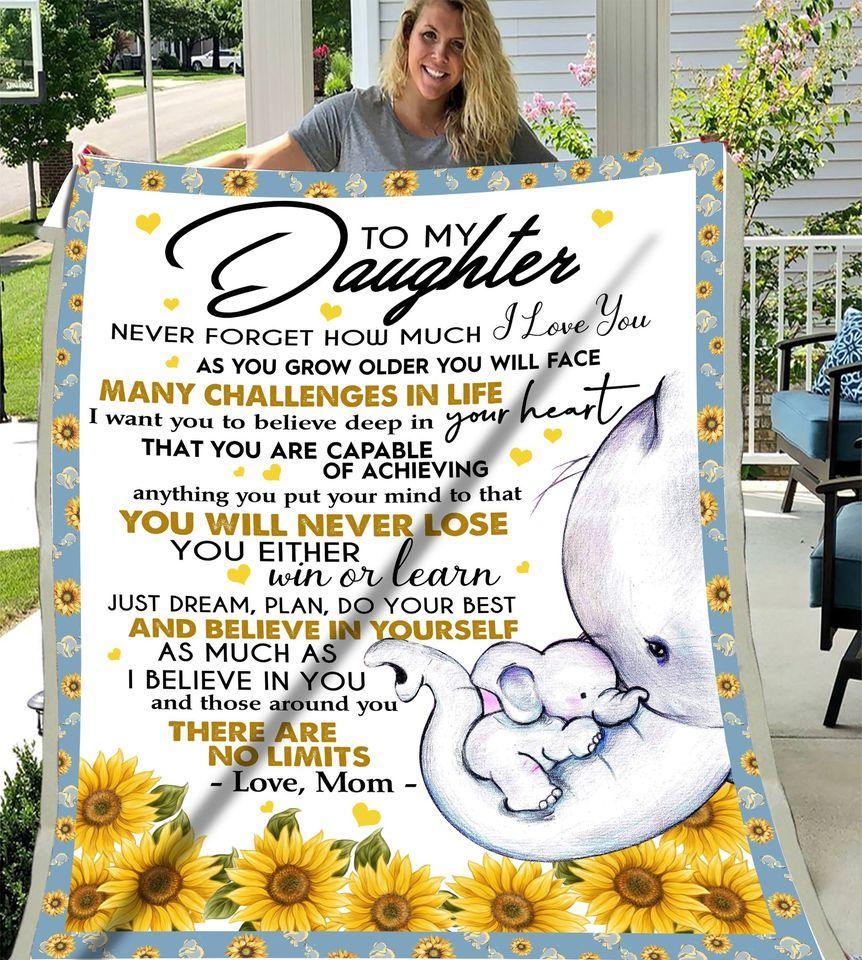 Elephant Sunflower To My Daughter Never Forget How Much I Love You There Are No Limits Love Mom Fleece Blanket