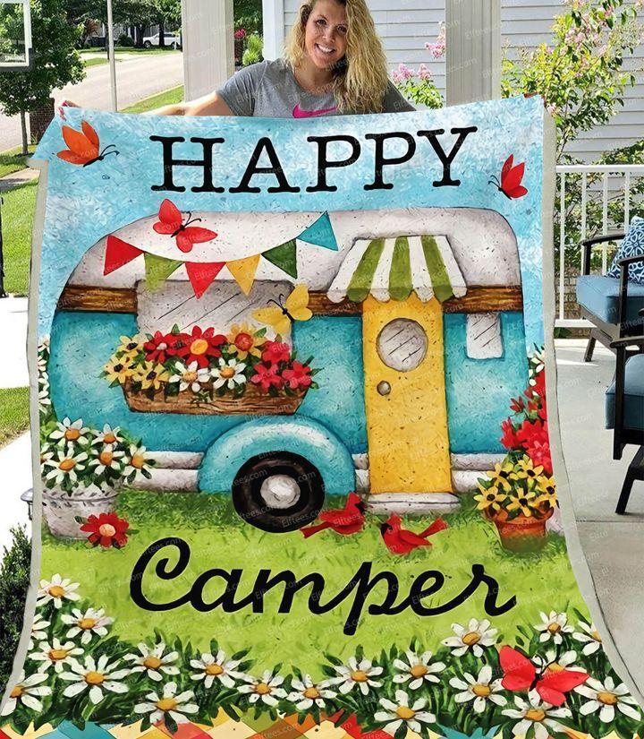Fleece Blanket Happy Campers Camping Flower Fleece Blanket Print 3D, Unisex, Kid, Adult - Love Mine Gifts