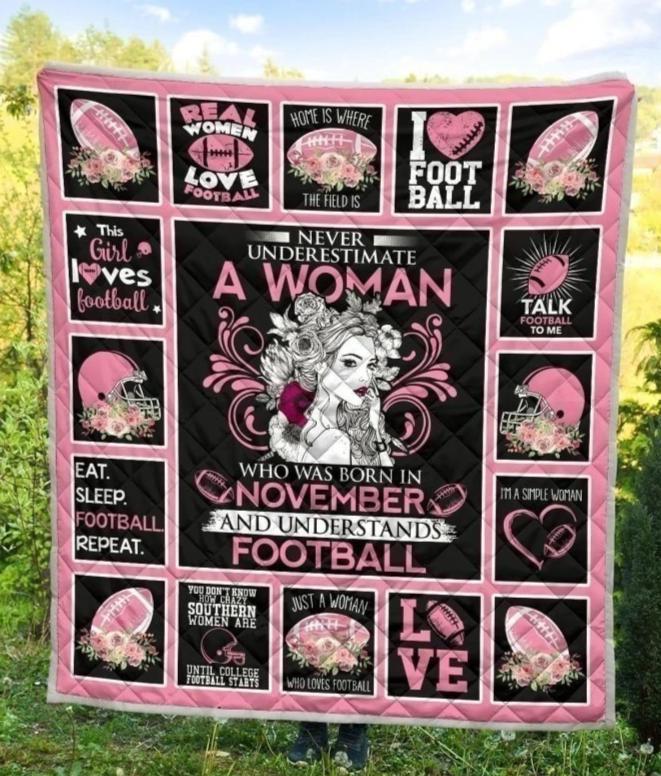 Never Underestimate November Woman Love Football Fleece Blanket
