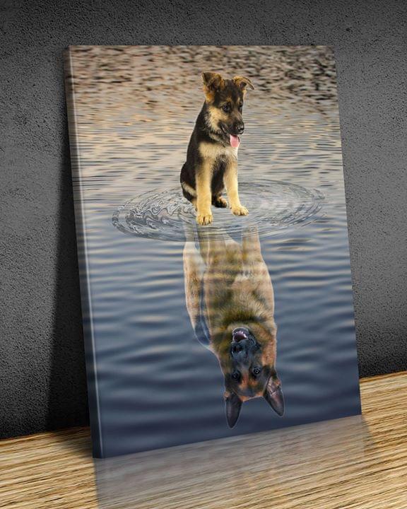 German Shepherd Puppy Water Reflection For Dog Lover Canvas And Poster | Wall Decor Visual Art