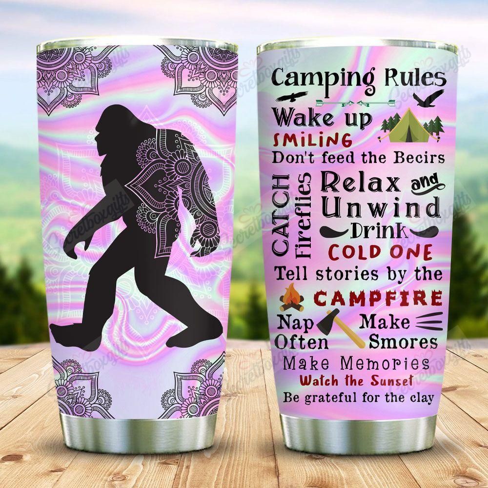 Tumbler Personalized Bigfoot Camping Rules Wake Up Smiling Yq0602013Cl Stainless Steel Tumbler Travel Customize Name, Text, Number, Image - Love Mine Gifts