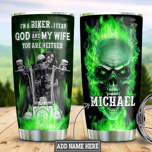 Tumbler Personalized motorcycle couple Skull green fire Stainless Steel Tumbler Travel Customize Name, Text, Number, Image - Love Mine Gifts
