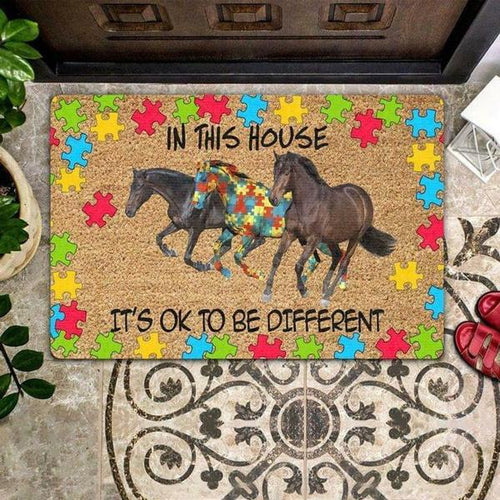 Doormat Personalized Name Family House Autism Awareness Horse - In This House It'S Ok To Be Different Doormat Welcome Mat House Warming Gift Home Decor Gift For Horse Lovers Funny Doormat Gift Idea - Love Mine Gifts