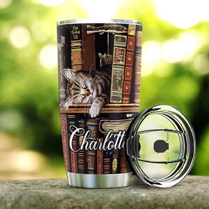 Tumbler Personalized Cat And Books Personalized Stainless Steel Skinny Tumbler Bulk, Double Wall Vacuum Slim Water Tumbler Cup With Lid, Reusable Metal Travel Coffee Mug - Love Mine Gifts