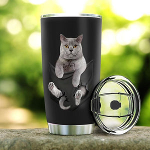 Tumbler Personalized Personalized British Shorthair Cat Pocket Stainless Steel Skinny Tumbler Bulk, Double Wall Vacuum Slim Water Tumbler Cup With Lid, Reusable Metal Travel Coffee Mug - Love Mine Gifts