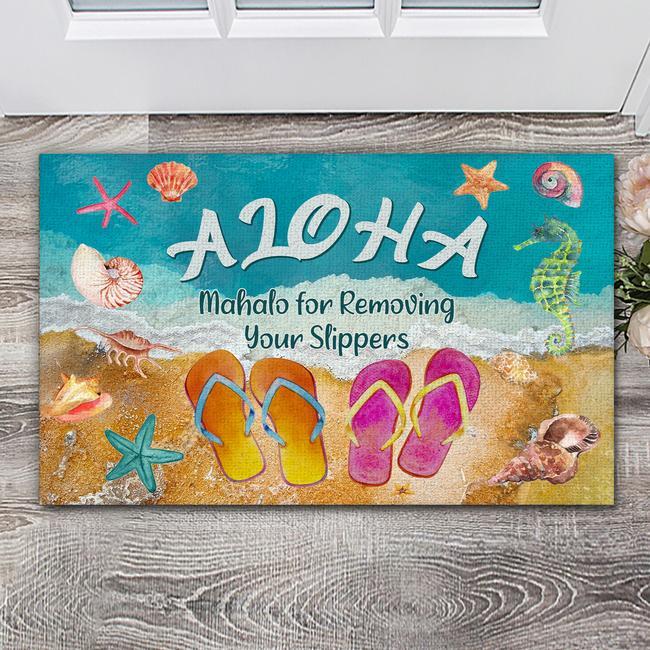 Doormat Personalized Name Family House Aloha Mahalo For Removing Your Slippers Summer Beach Funny Indoor And Outdoor Doormat Gift For Friend Family Decor Warm House Gift Welcome Mat - Love Mine Gifts
