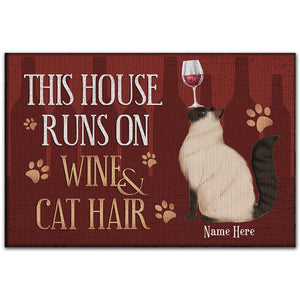 Doormat Personalized Funny Cat Doormat Custom Name - This House Runs On Wine And Cat Hair Doormat Warm House Gift Welcome Mat Gift For Friend Family - Love Mine Gifts