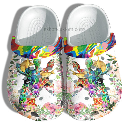 Clog Giraffe Rainbow Colorful Autism Awareness Giraffe Flower Clog Personalize Name, Text - Love Mine Gifts