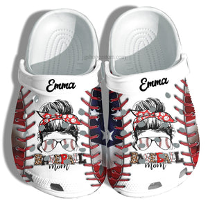 Clog Cheer Up Baseball Mom America Flag Grandma Cool Baseball Line Mother 4Th Of July Clog Personalize Name, Text - Love Mine Gifts