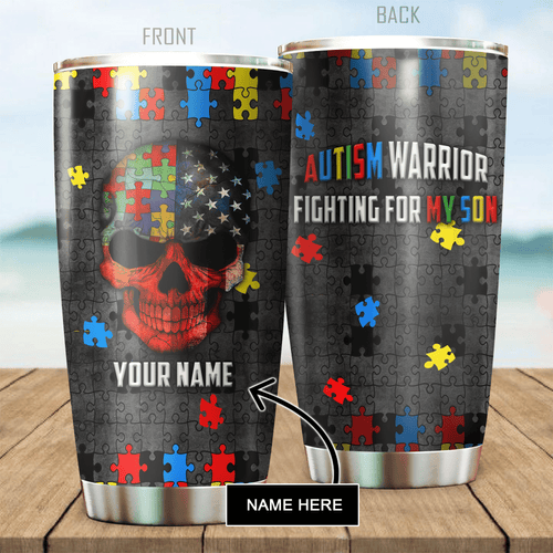 Tumbler Autism Warrior Stainless Steel Tumbler Personalized Personalized Name, Text, Number, Image Travel Coffee Mug - Love Mine Gifts