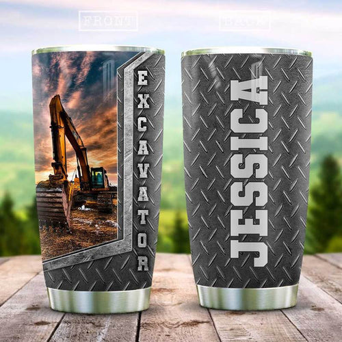 Tumbler Excavator Heavy Equipment Stainless Steel Tumbler Personalized Name, Text, Number, Image Travel Coffee Mug - Love Mine Gifts