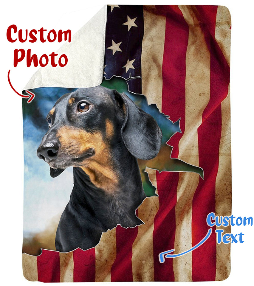 Dog Personalized Photo Upload Name Date Fleece Blanket Print 3D, Unisex, Kid, Adult - Dachshund America Sherpa
