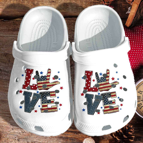 American Flag Love Sign Language 4Th Of July Personalized Clogs