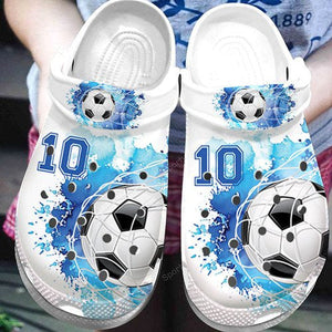 Custom Number Soccer Goal Blue White Watercolor Shoes Personalized Clogs