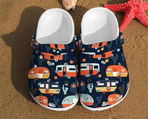 Camping Trailer Pattern Camping Summer Camping Shoes Happy Camper Rubber Cro Personalized Clogs