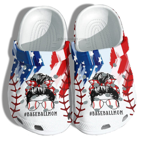 Baseball Mom America Flag Shoes Gift Grandma- Baseball Line Women Cool Glasses Shoes Gift Mother Day Personalized Clogs