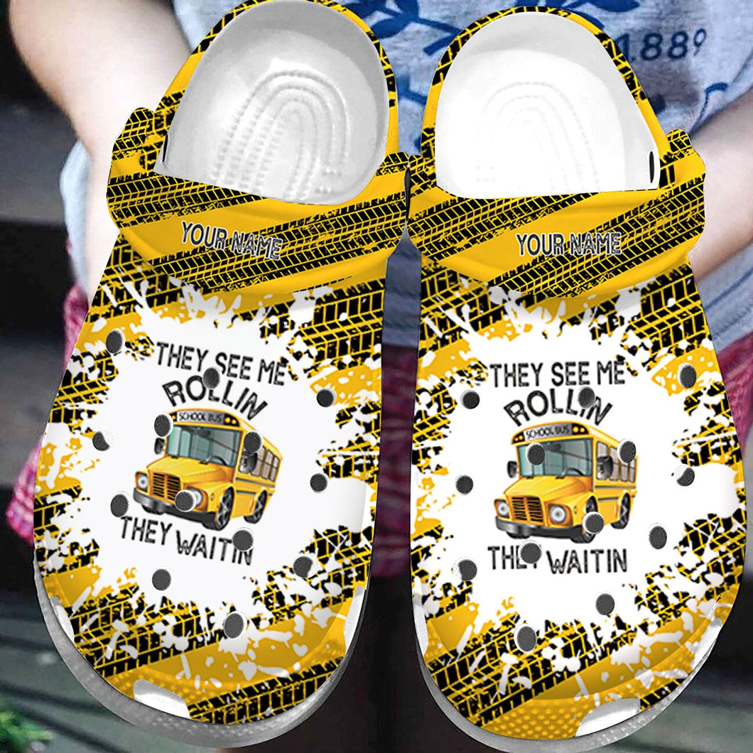 Custom Name They See Me Rolling They Waiting Back To School Bus Driver Yellow Shoes #260722H Personalized Clogs