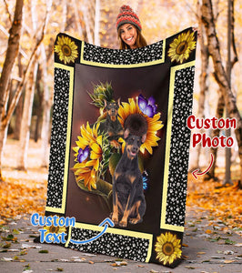 Doberman Dark Sunflower Personalized Photo Upload Name Date Fleece Blanket Print 3D, Unisex, Kid, Adult