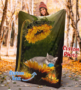 Cat Sunflower Premium Personalized Photo Upload Name Date Fleece Blanket Print 3D, Unisex, Kid, Adult