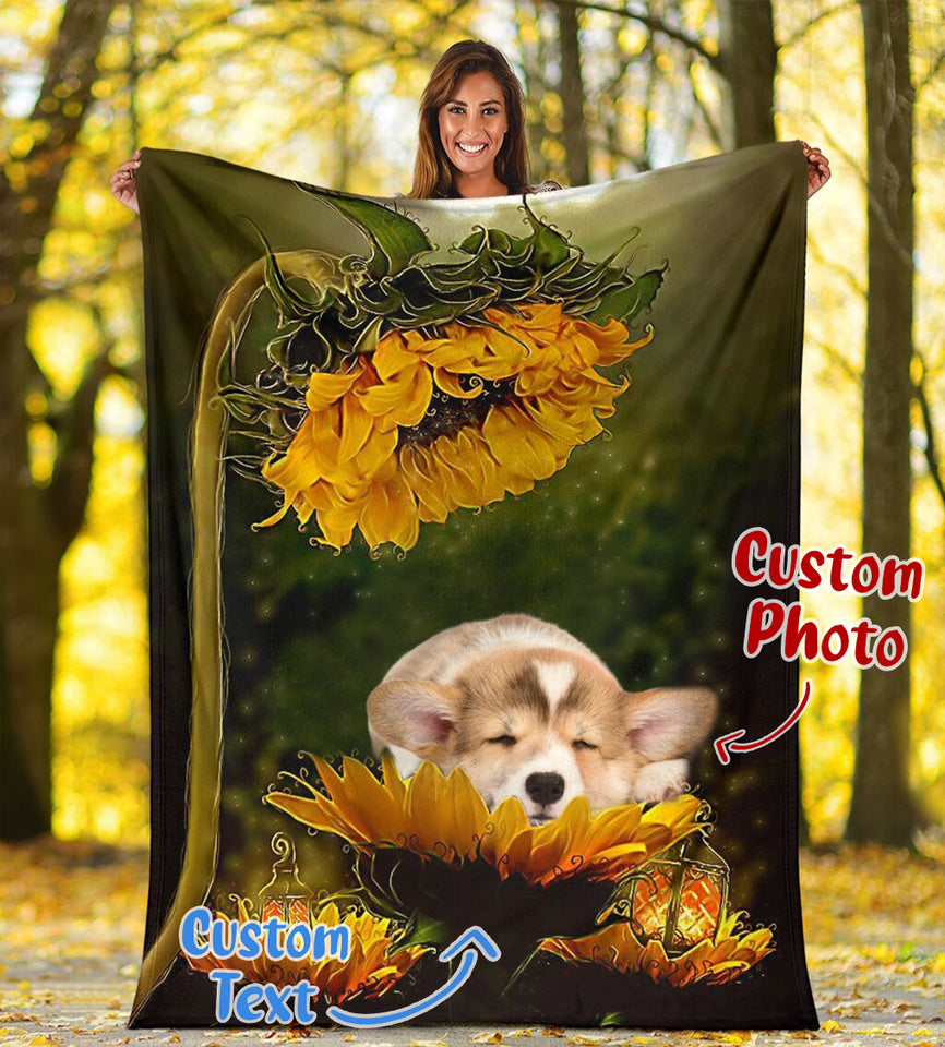 Corgi Sunflower Premium Personalized Photo Upload Name Date Fleece Blanket Print 3D, Unisex, Kid, Adult