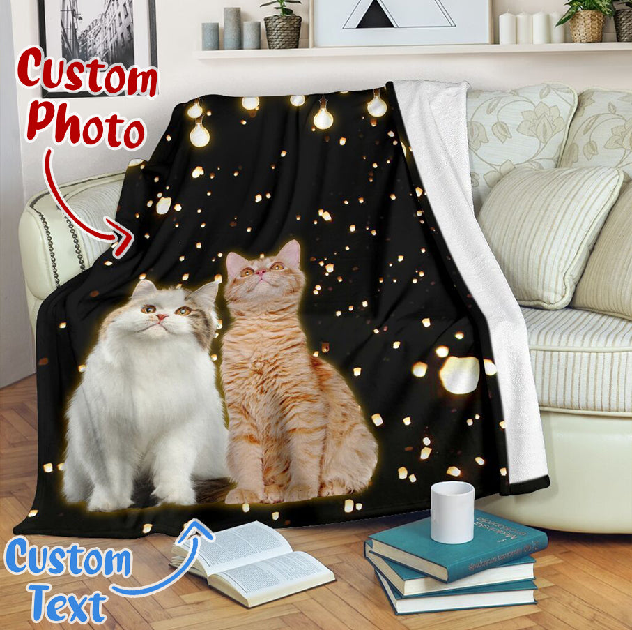 Cute Cat With Light Personalized Photo Upload Name Date Fleece Blanket Print 3D, Unisex, Kid, Adult