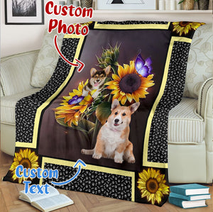 Corgi Dark Sunflower Personalized Photo Upload Name Date Fleece Blanket Print 3D, Unisex, Kid, Adult D