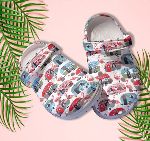 Flamingo Camping Bus Croc Shoes Gift Scout - Camping Flamingo Shoes Croc Gift Step Daughter- Cr-Ne0371 Personalized Clogs
